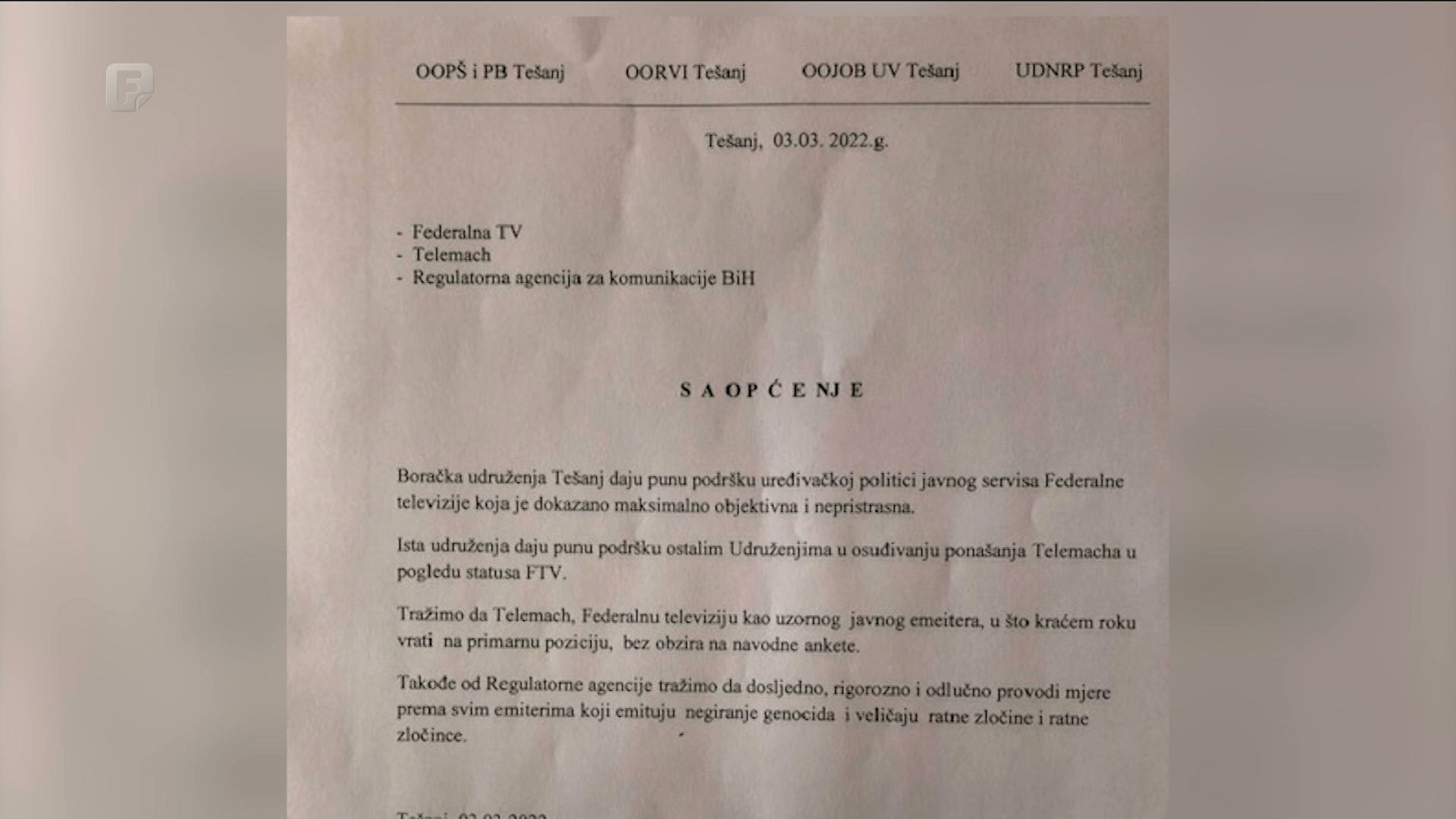 Poruka boračkih udruženja iz Tešnja: Federalnu TV vratiti na primarnu poziciju